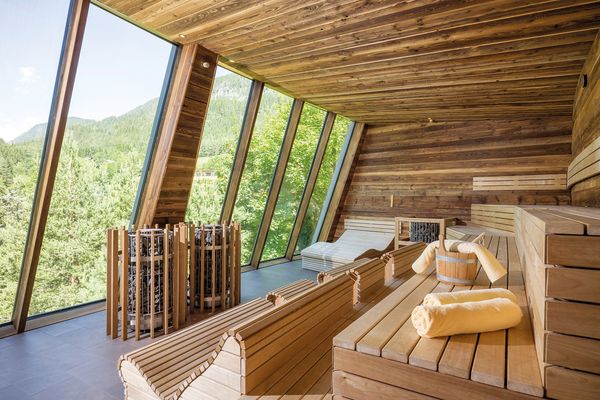Altholz-Panorama-Sauna mit Blick auf die umliegende Natur.